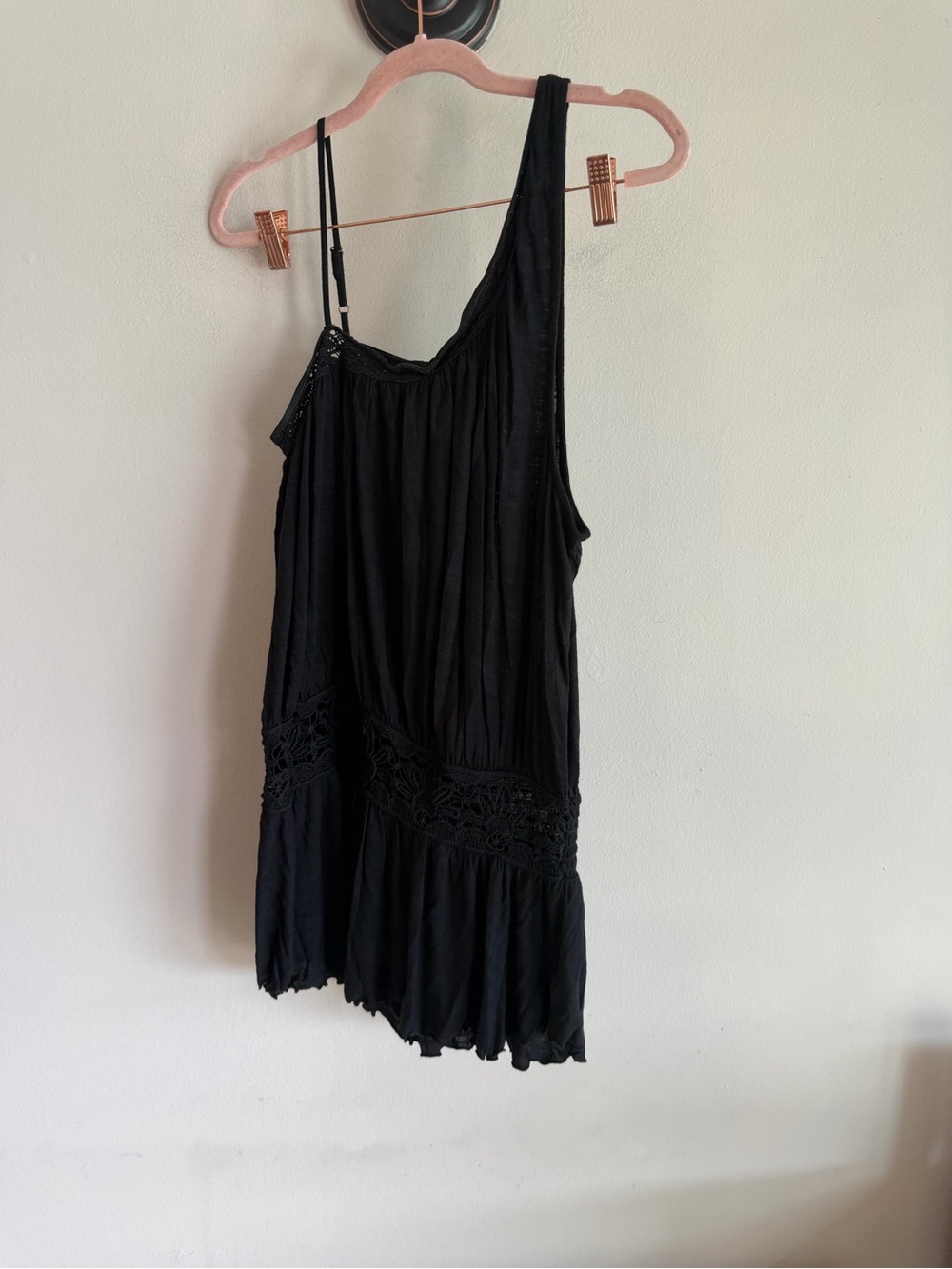 Free People Black Lace Inset Asymmetrical One Shoulder Tunic Tank Top Size L